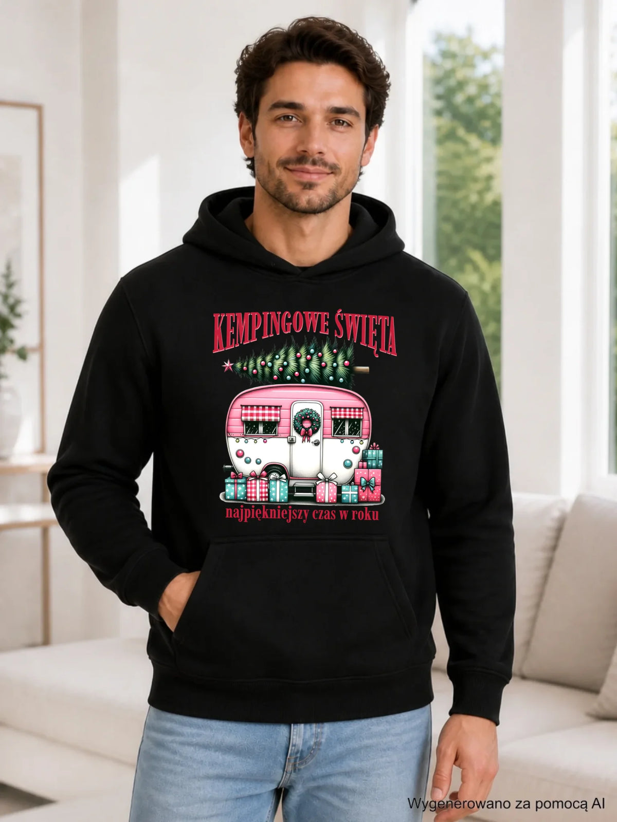 Bluza męska z kapturem świąteczna - Kamper Kempingowe Święta BN40