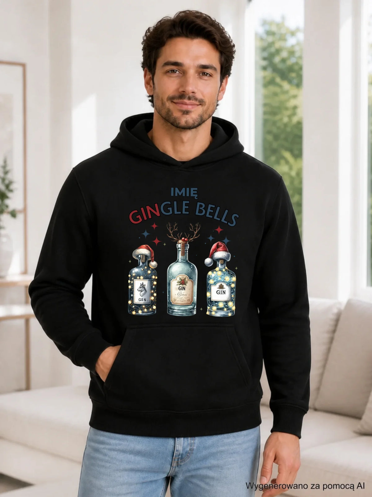 Bluza męska z kapturem świąteczna - Gin Gingle bells - personalizowana BN68