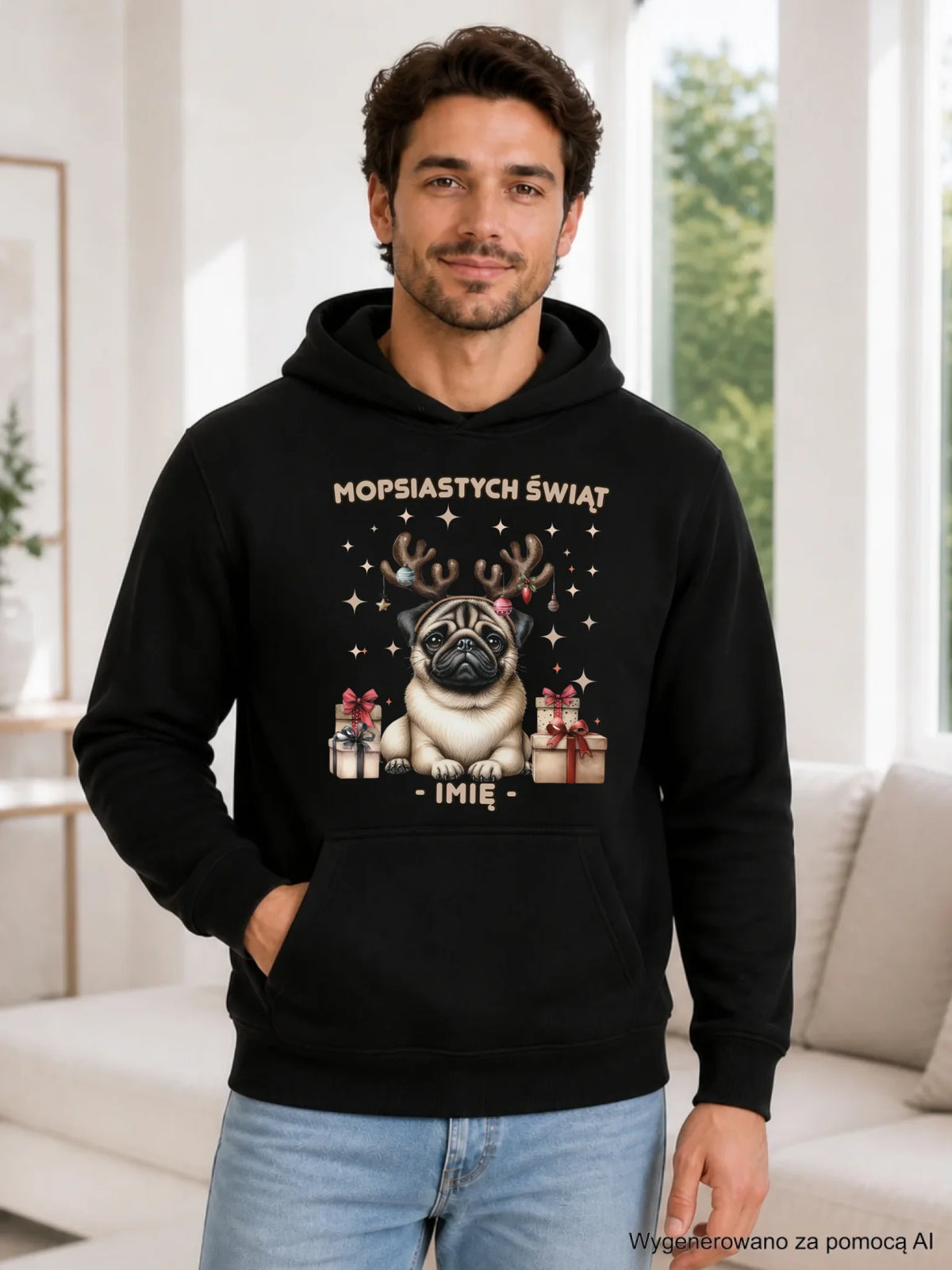 Bluza męska z kapturem świąteczna - Mops Mopsiastych świąt - personalizowana BN91