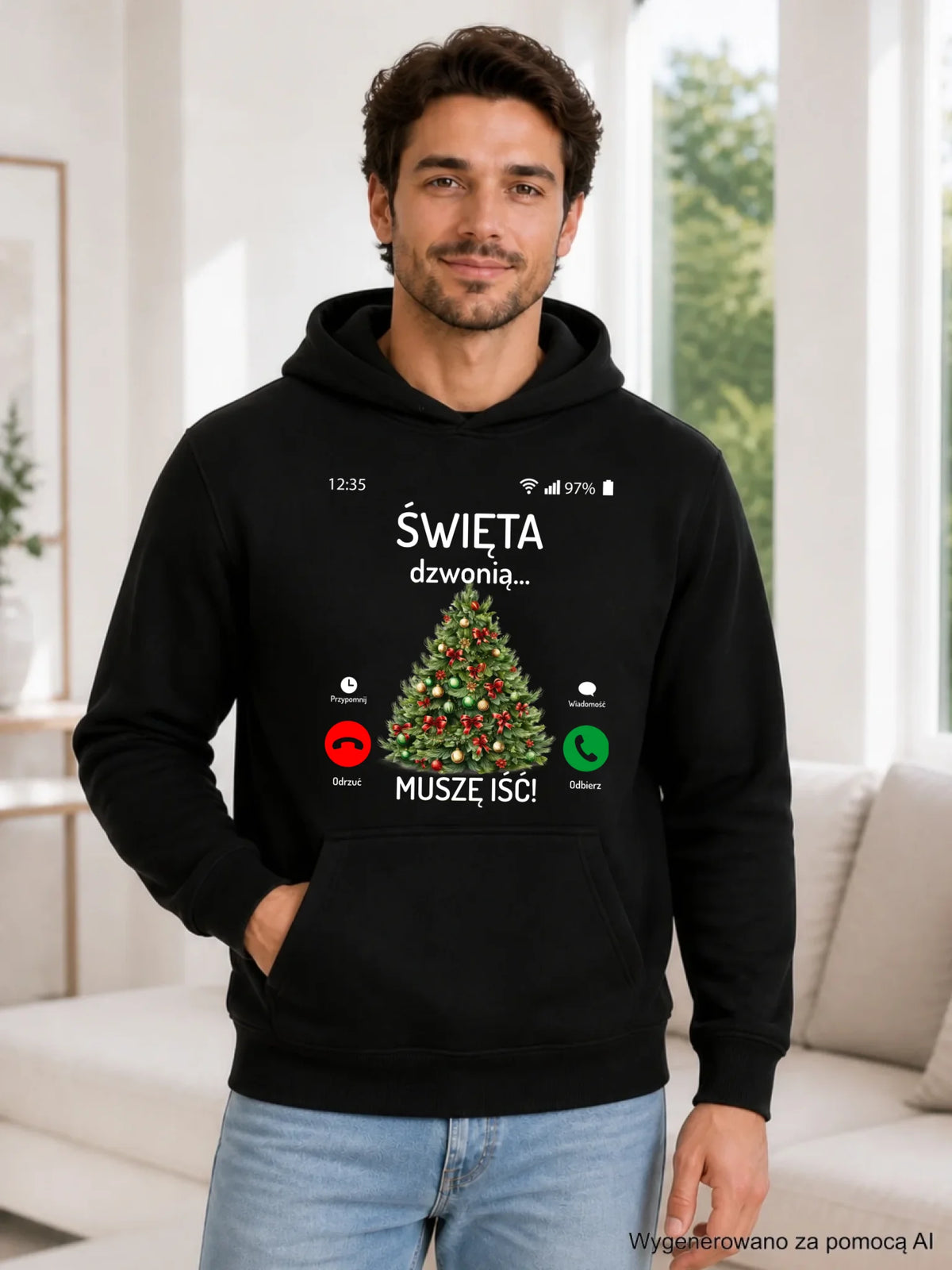 Bluza męska z kapturem świąteczna - Choinka Święta dzwonią muszę iść BN124