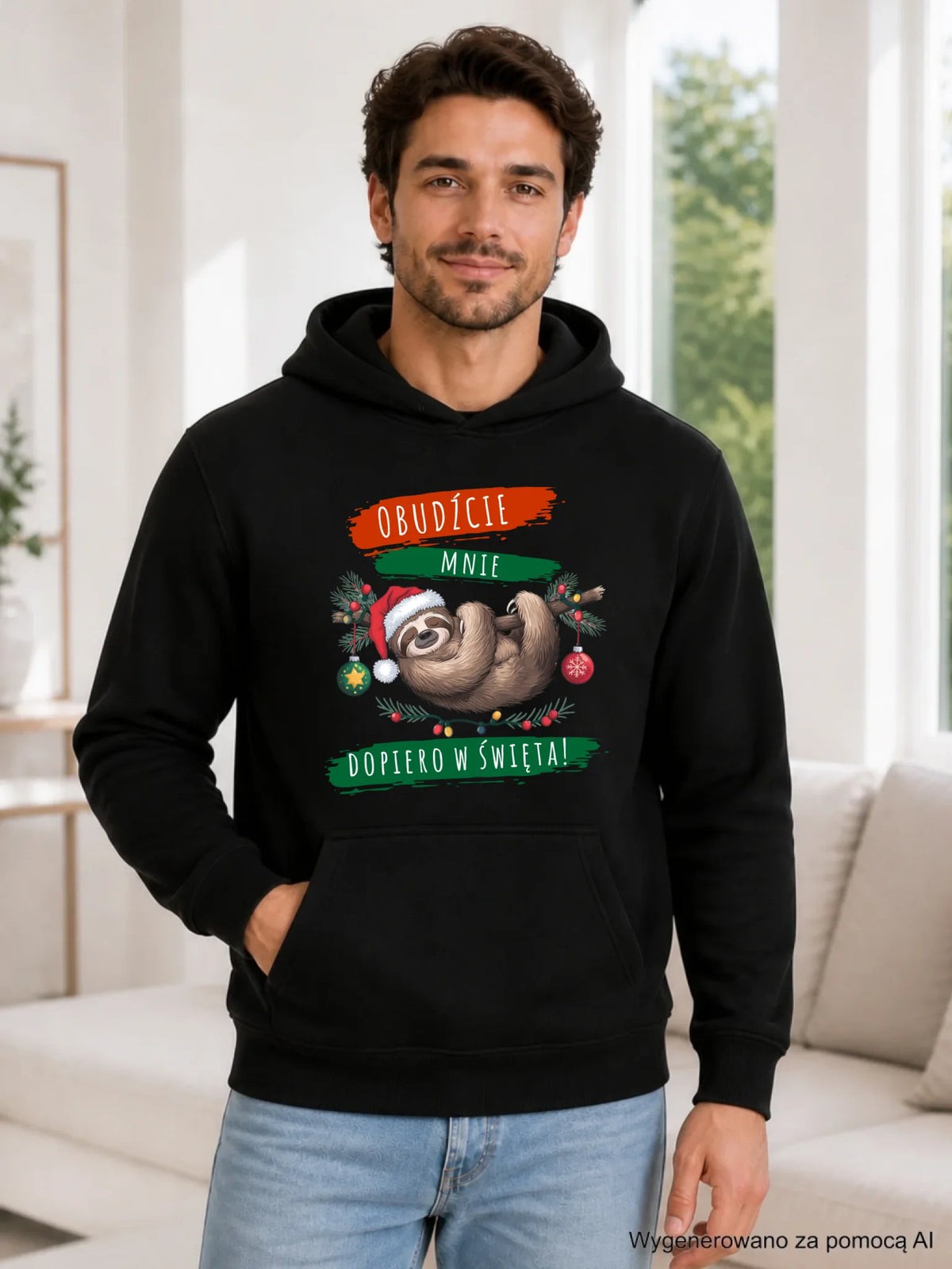 Bluza męska z kapturem świąteczna - Leniwiec - Obudźcie mnie dopiero w święta BN02