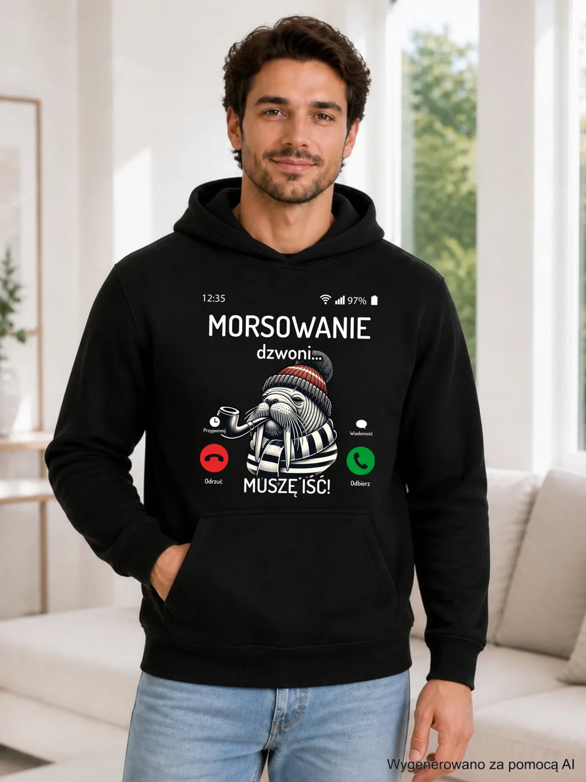 Bluza męska z kapturem - prezent dla morsa - Morsowanie dzwoni muszę iść - Mors HM19