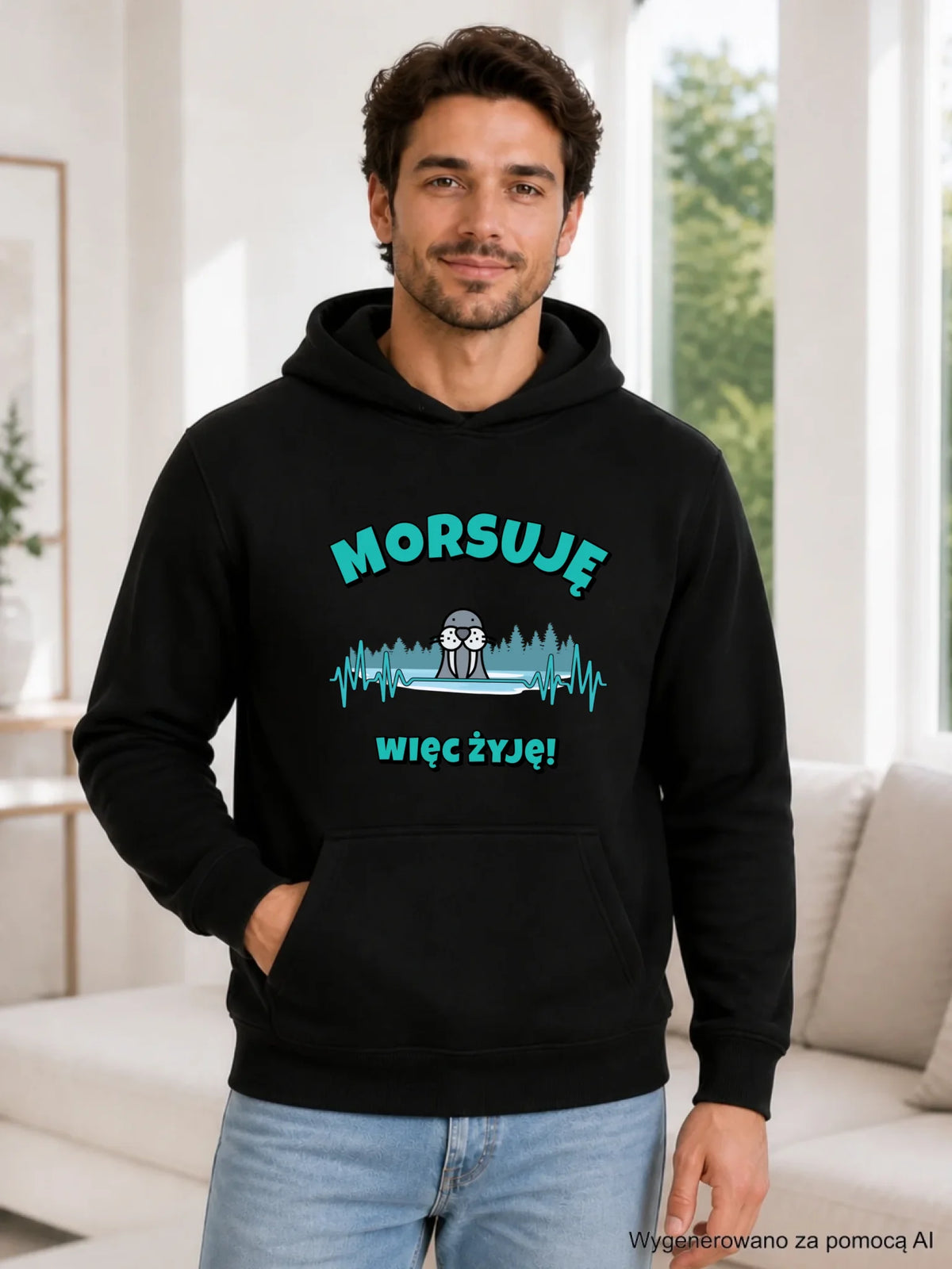 Bluza męska z kapturem - prezent dla morsa - Morsuję więc żyję - Mors HM02