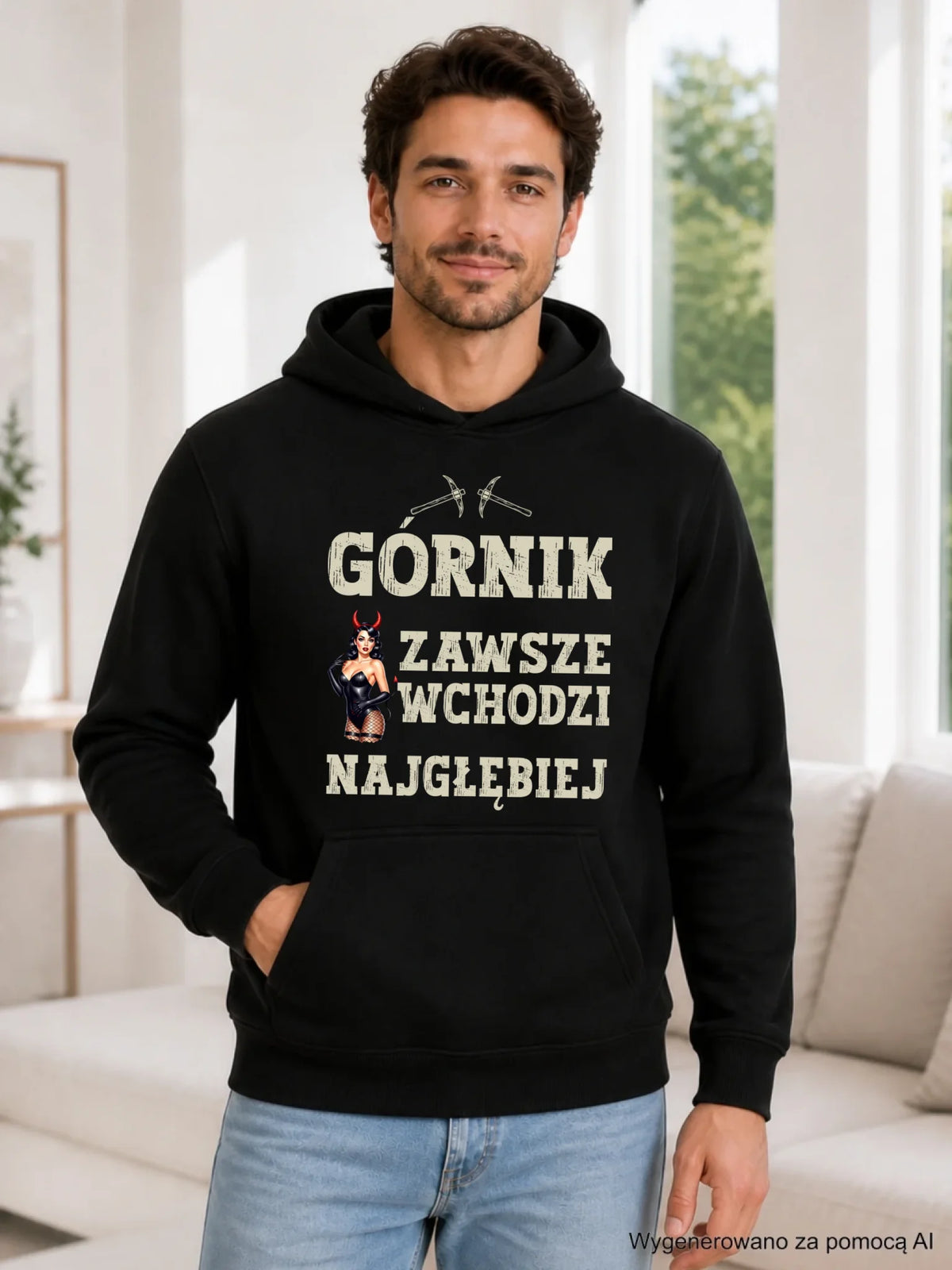Bluza męska z kapturem - prezent dla górnika - Górnik zawsze wchodzi najgłębiej G22