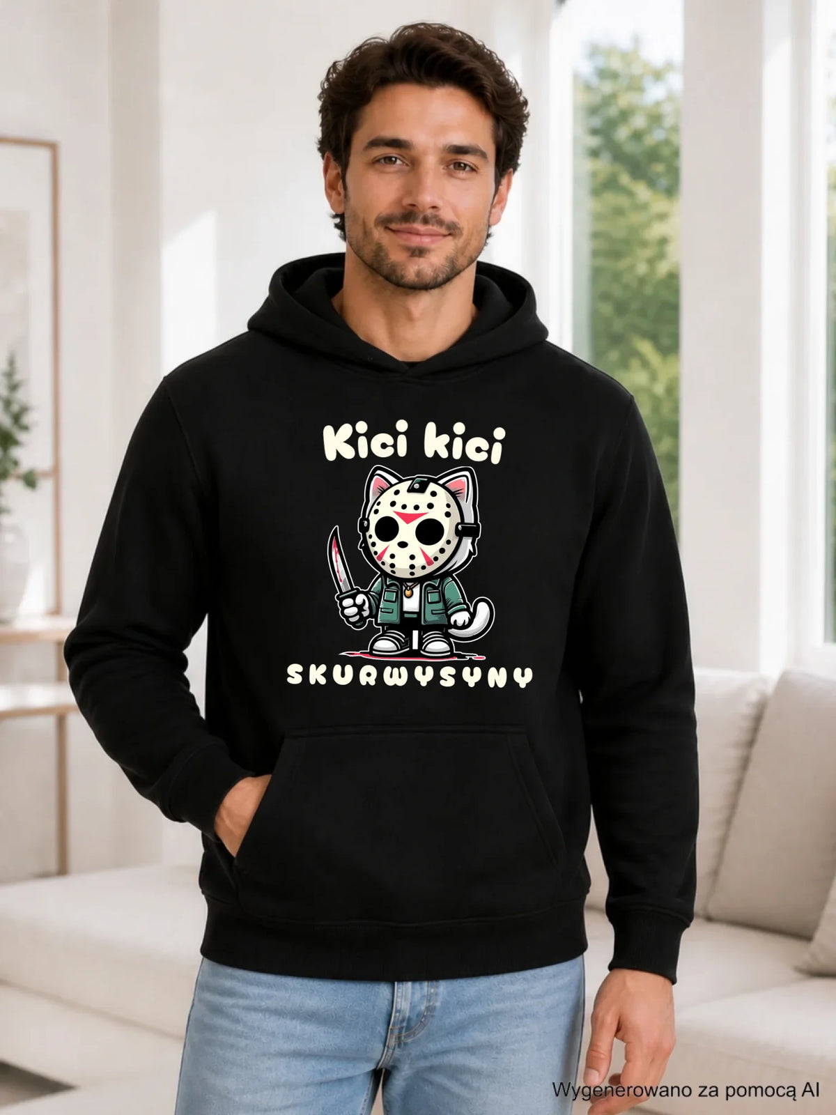 Bluza męska z kapturem na Halloween - Kici kici sk*rwysyny - bez cenzury HL28