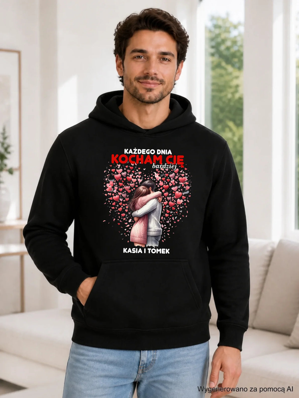 Bluza męska z kapturem dla par - Każdego dnia kocham Cię bardziej - personalizowana W09