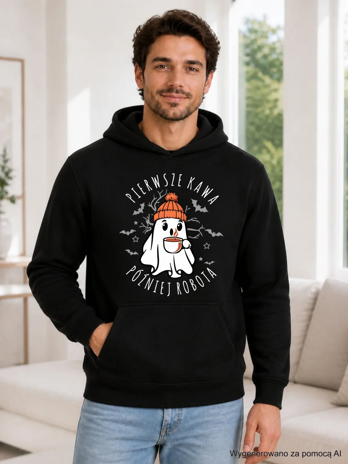 Bluza męska z kapturem na Halloween - Duch z kawą - Pierwsze kawa później robota HL01