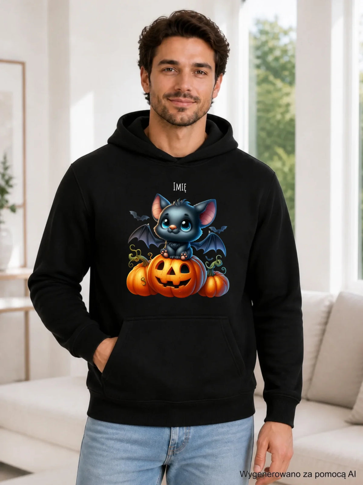 Bluza męska z kapturem halloweenowa - Słodki nietoperz z dynią - personalizowana HL09