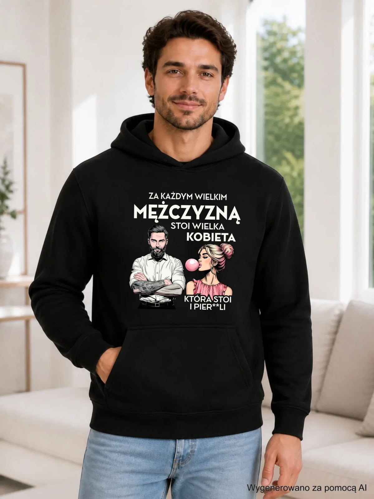Bluza męska z kapturem - Za każdym wielkim mężczyzną stoi wielka kobieta DCH27