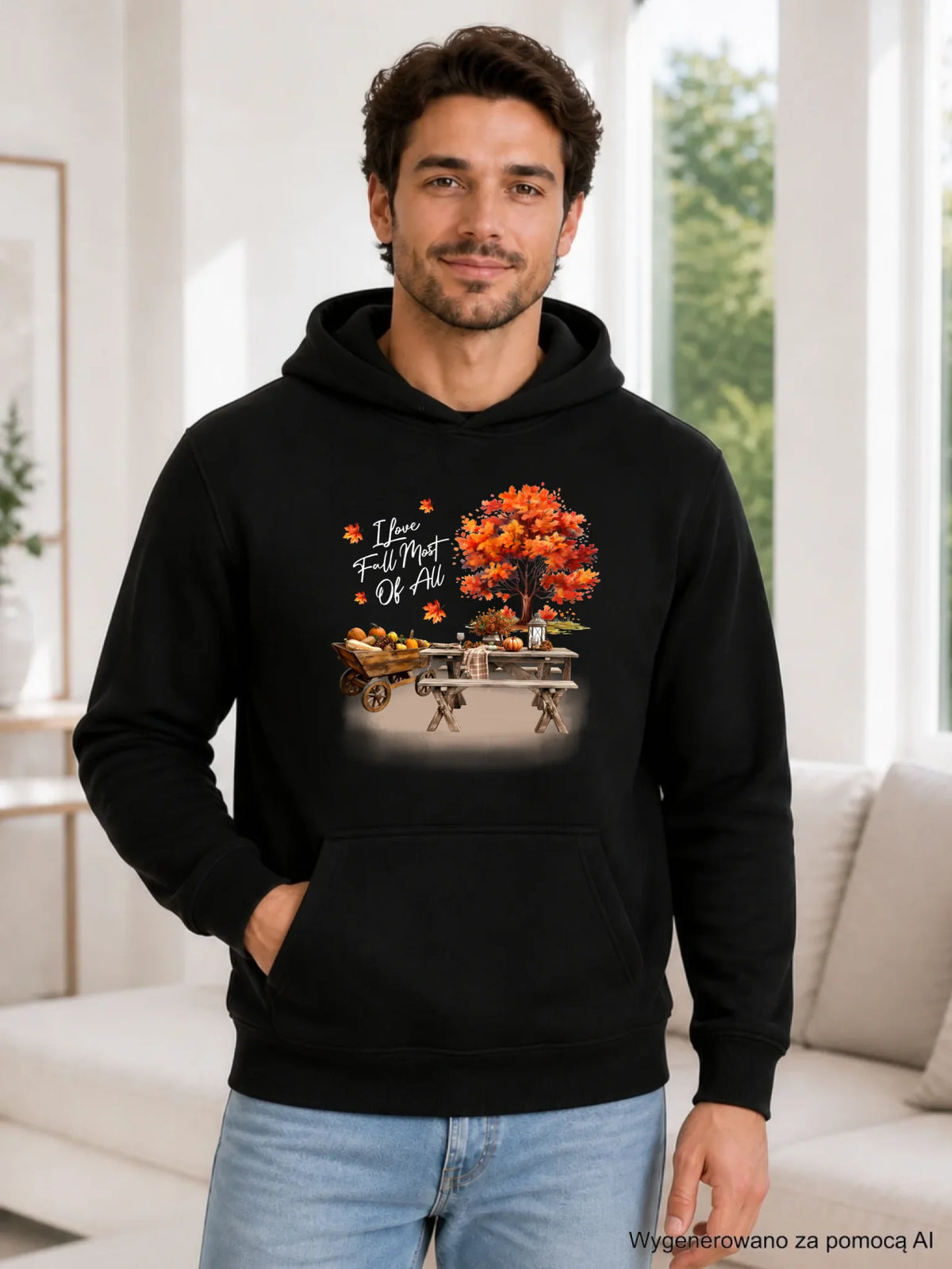 Bluza męska z kapturem jesienna – Jesienny piknik z dyniami JS04