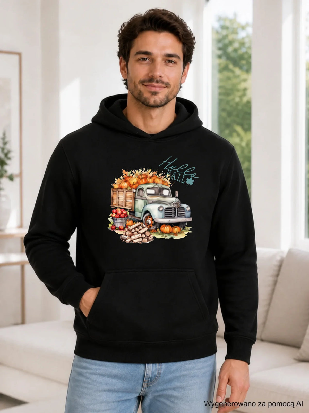 Bluza męska z kapturem jesienna – Hello Fall ciężarówka z dyniami JS08