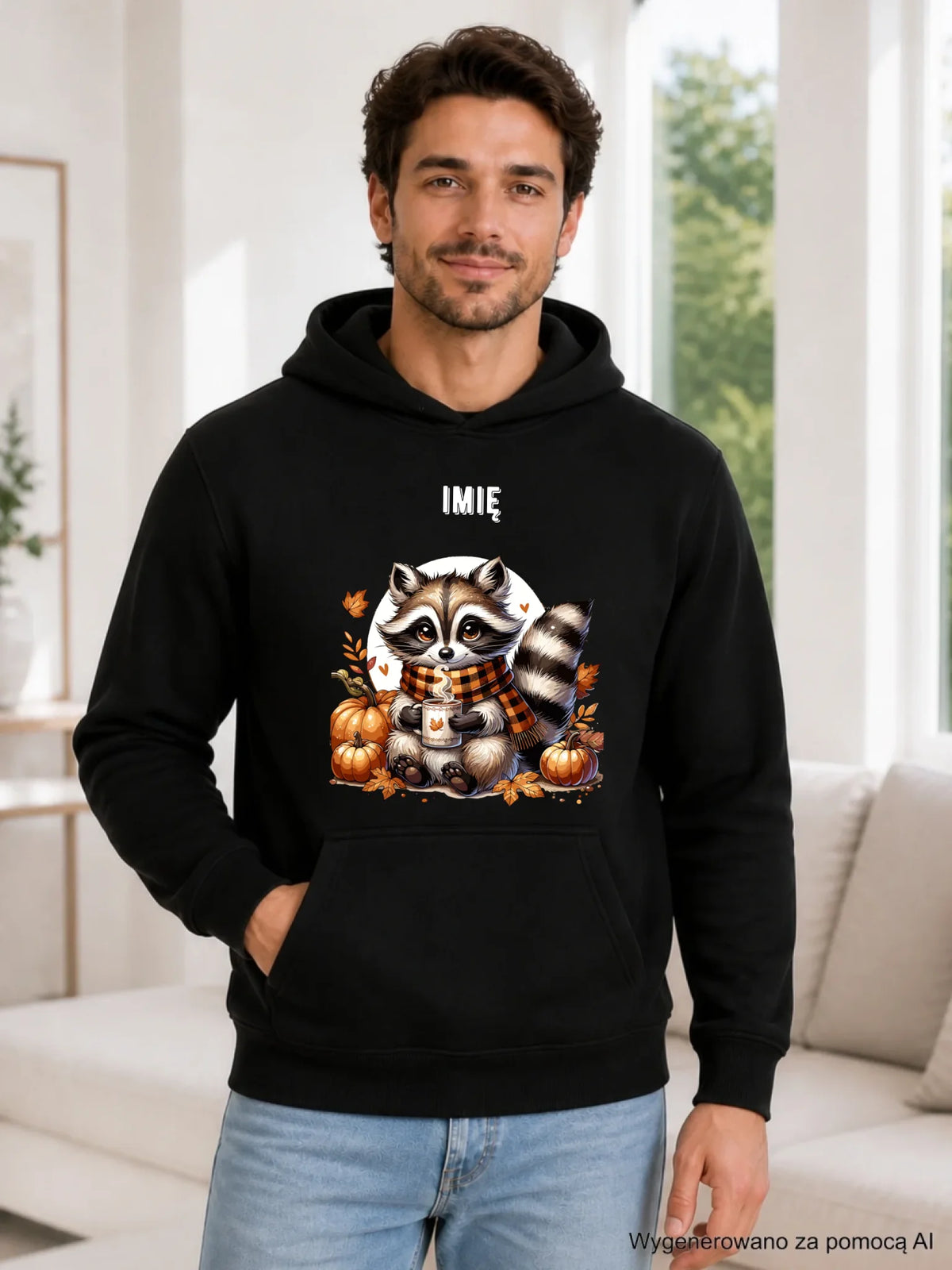 Bluza męska z kapturem jesienna – Szop z kawą i dyniami - personalizowana JS16
