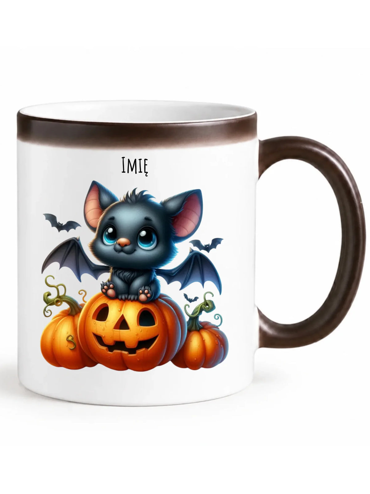 Kubek magiczny na halloween - Słodki nietoperz z dynią - personalizowany HL09