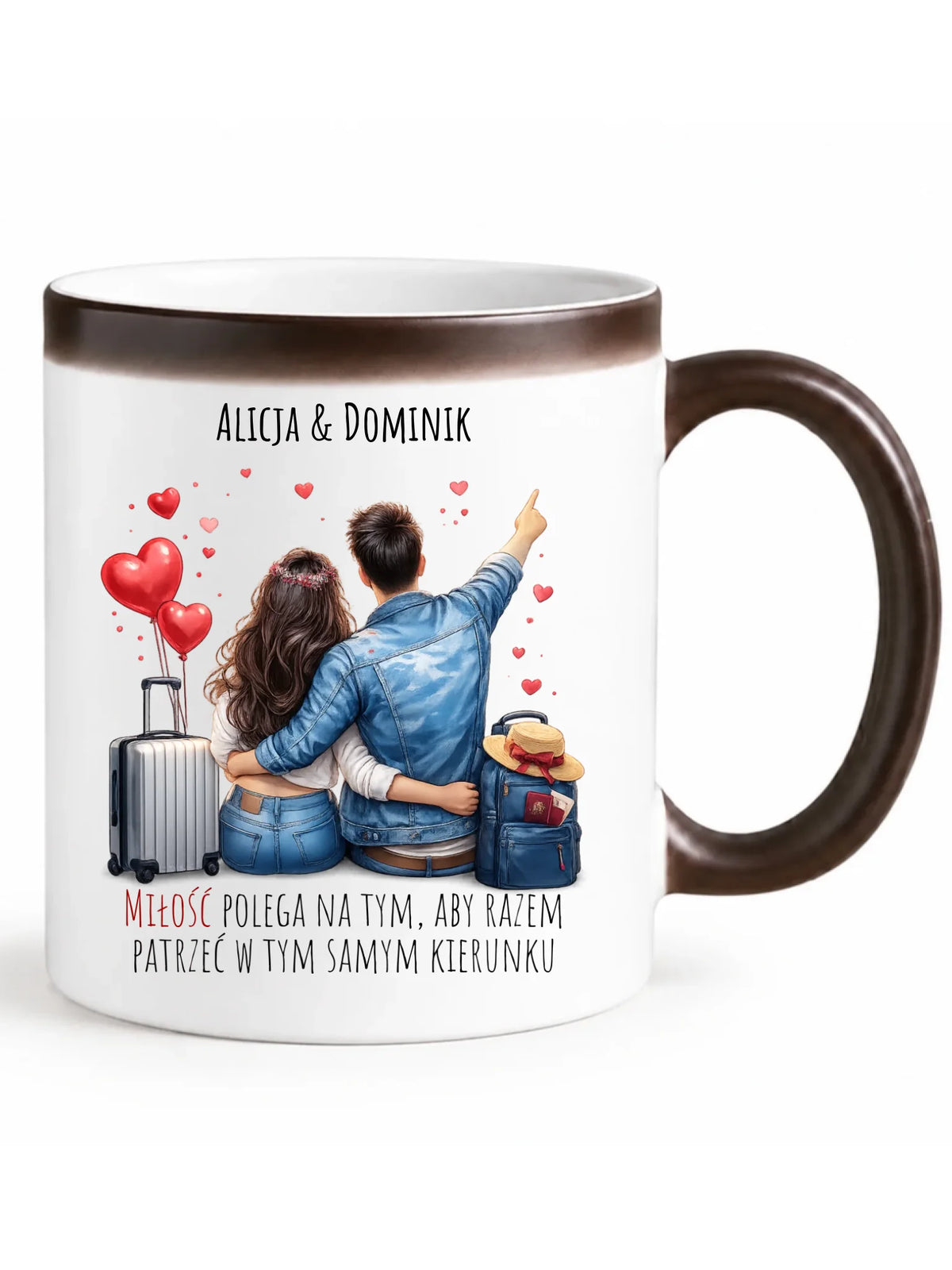 Kubek magiczny dla par - Para w podróży miłość - personalizowany W12