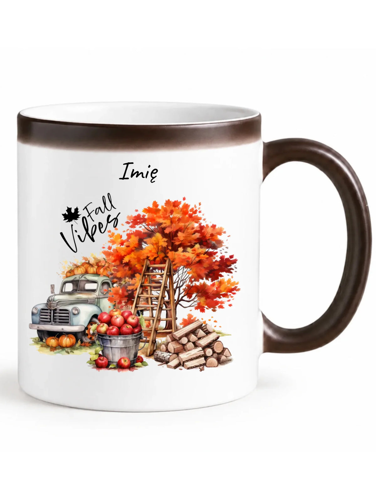 Kubek magiczny jesienny – Vintage auto dynie i jabłka – personalizowany JS07