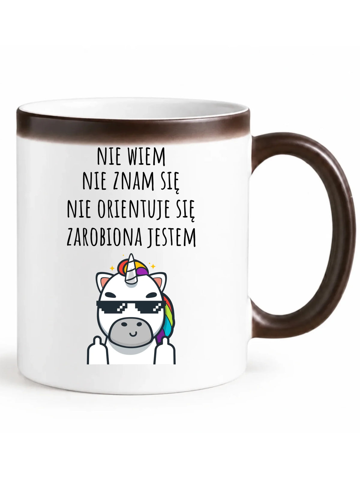 Śmieszny kubek magiczny z napisem - Nie wiem, nie znam się, zarobiona jestem DZ05