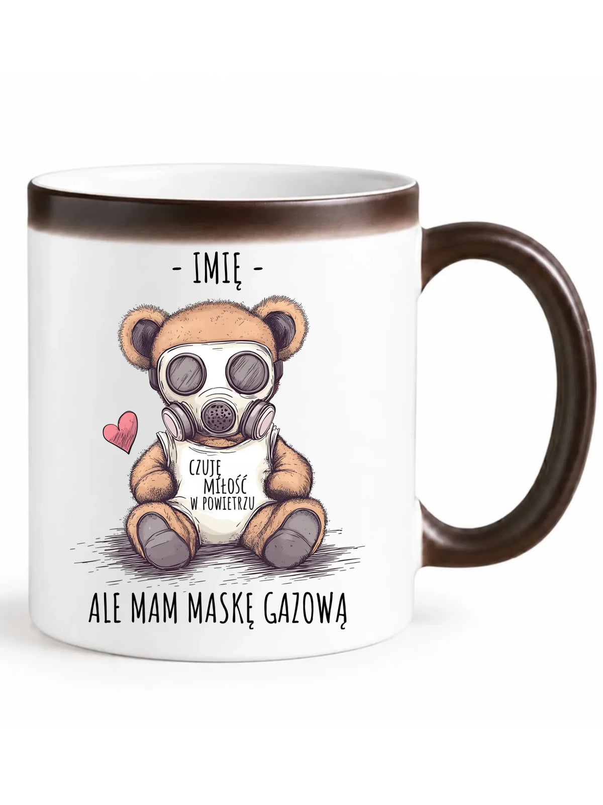 Kubek magiczny  - Miś w masce gazowej - Czuję miłość w powietrzu - personalizowany W38