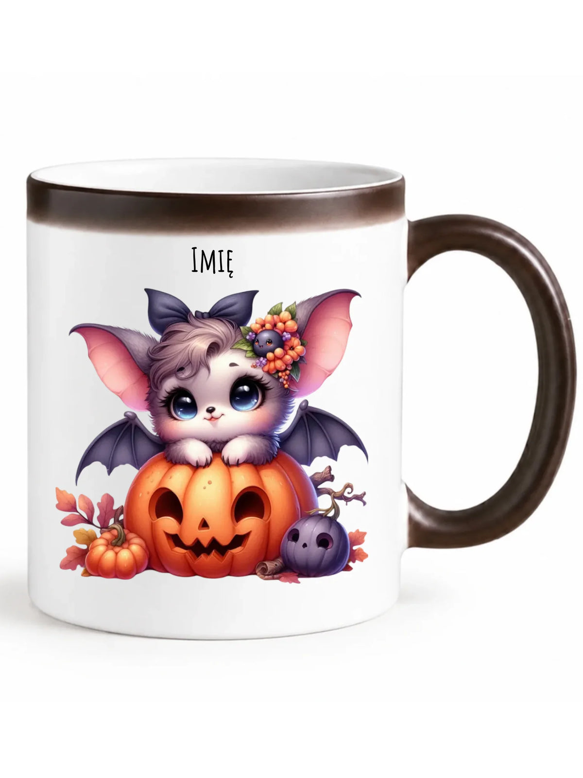 Kubek magiczny halloweenowy - Uroczy nietoperz z dynią - personalizowany HL08