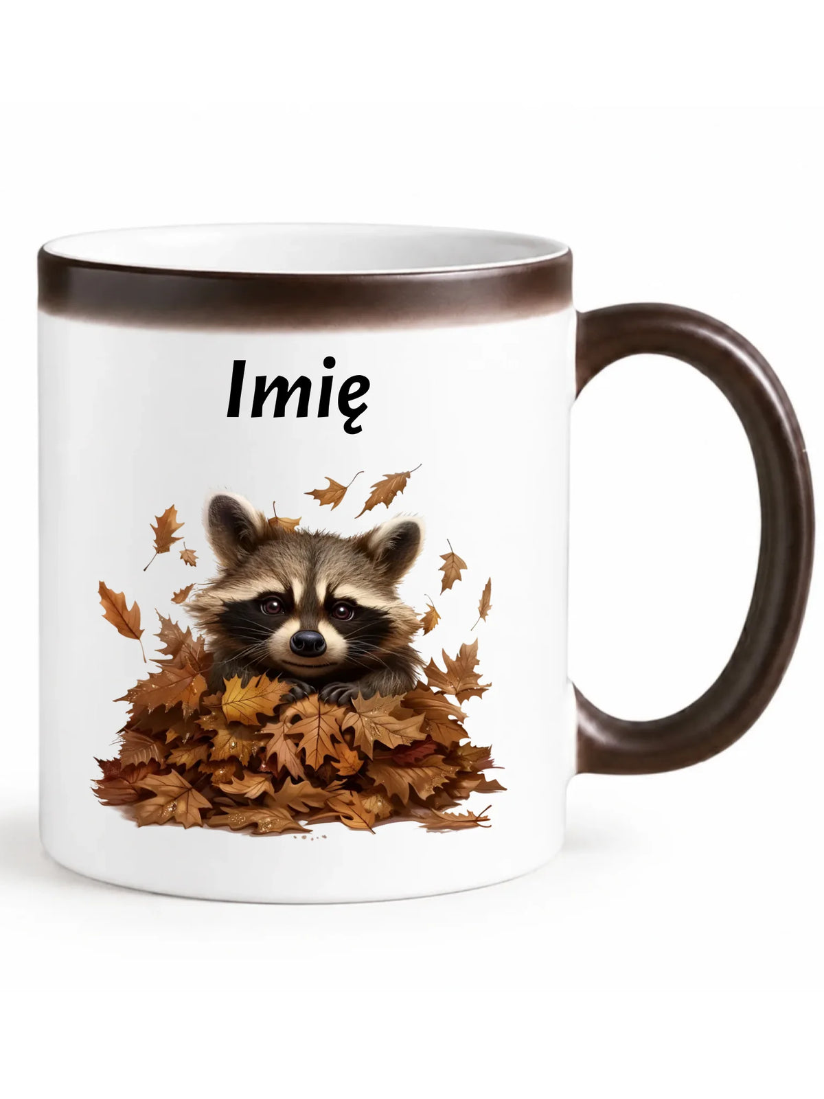 Kubek magiczny jesienny - Szop w liściach - personalizowany JS24