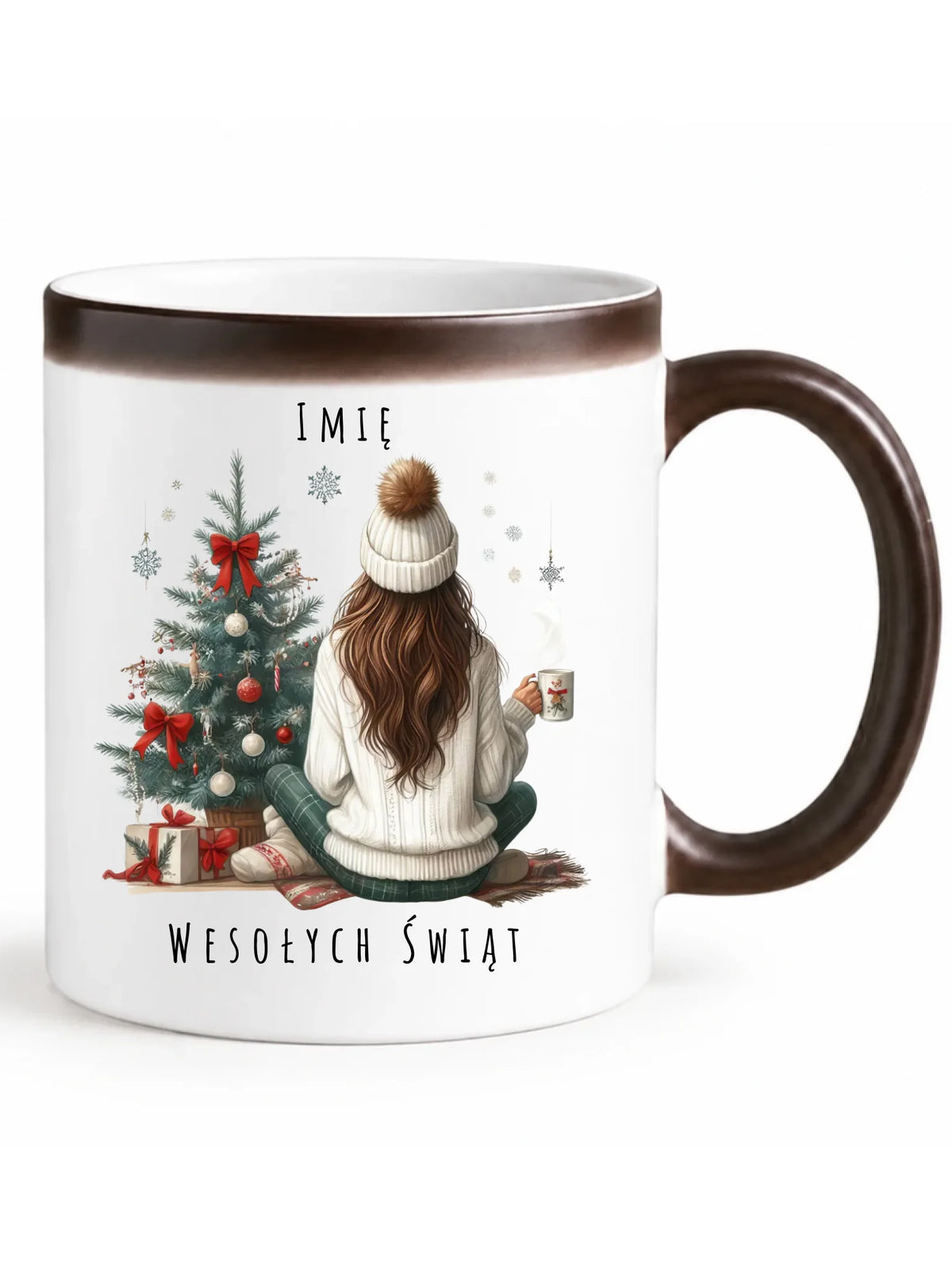 Kubek magiczny świąteczny - Dziewczyna przy choince - personalizowany BN15