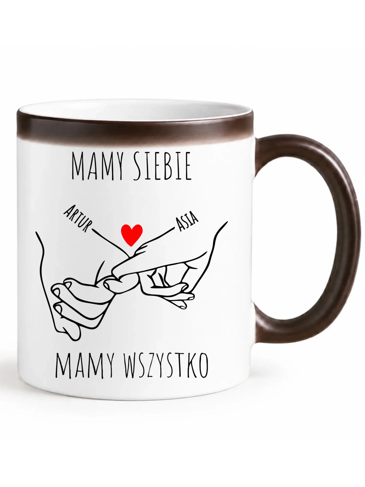 Kubek magiczny dla par - Zaplecione ręce mamy siebie mamy wszystko - personalizowany W63