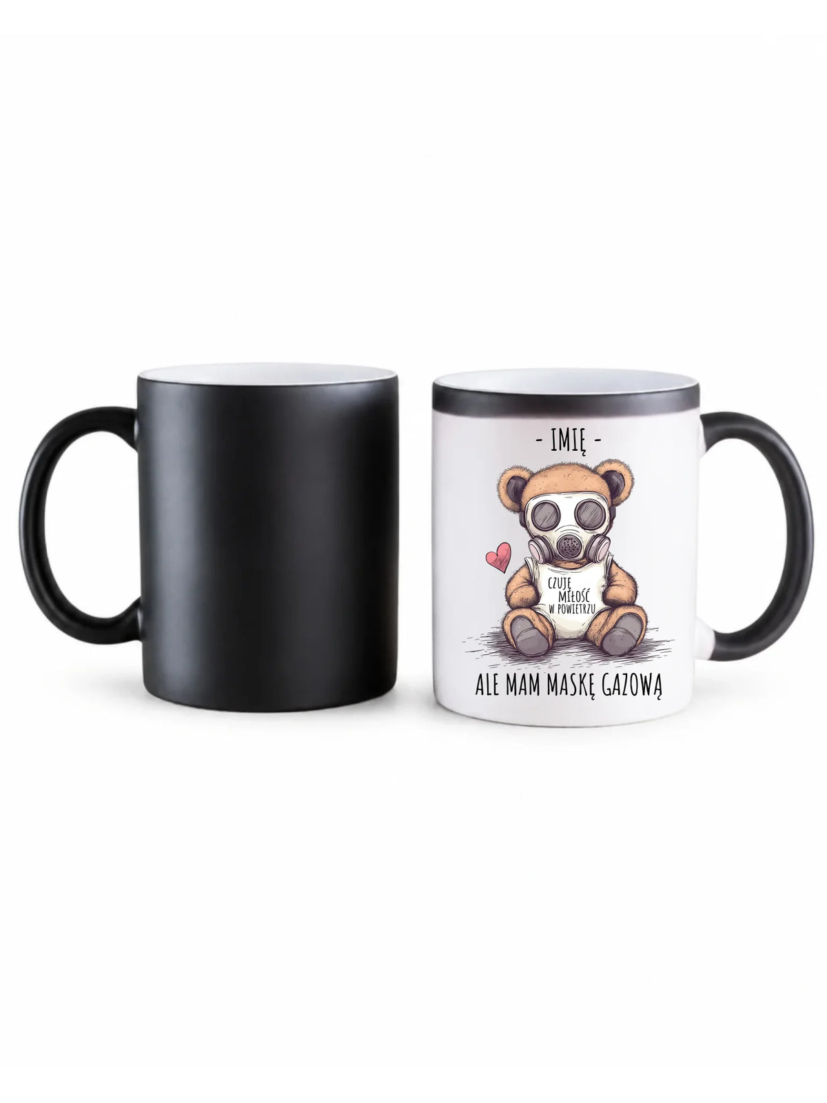Kubek magiczny  - Miś w masce gazowej - Czuję miłość w powietrzu - personalizowany W38