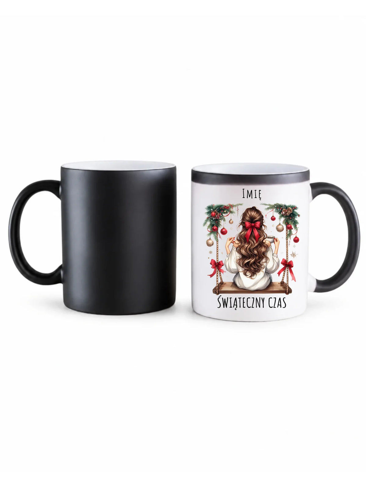 Kubek magiczny świąteczny - Dziewczyna na huśtawce - Świąteczny czas - personalizowany BN105
