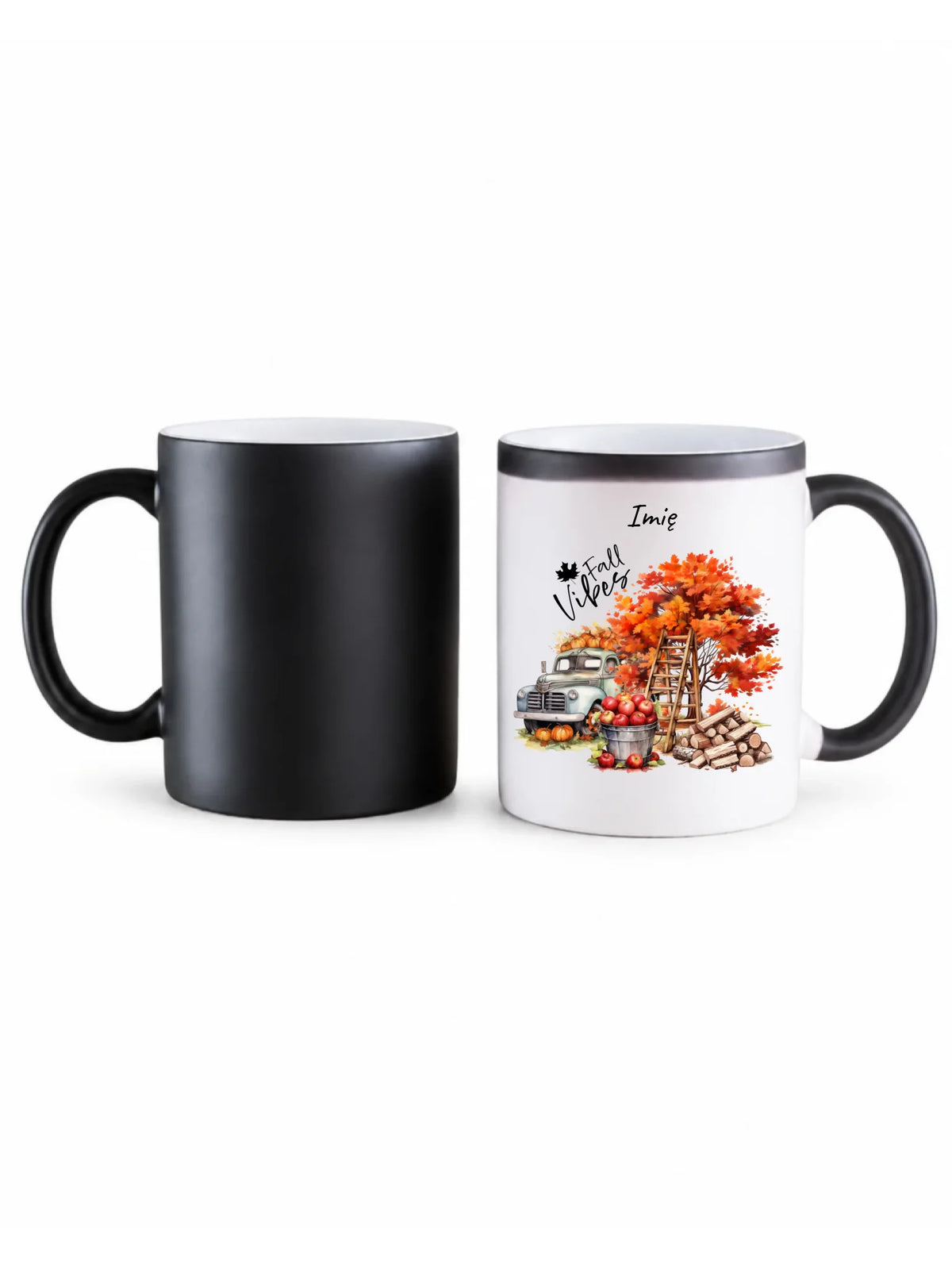 Kubek magiczny jesienny – Vintage auto dynie i jabłka – personalizowany JS07
