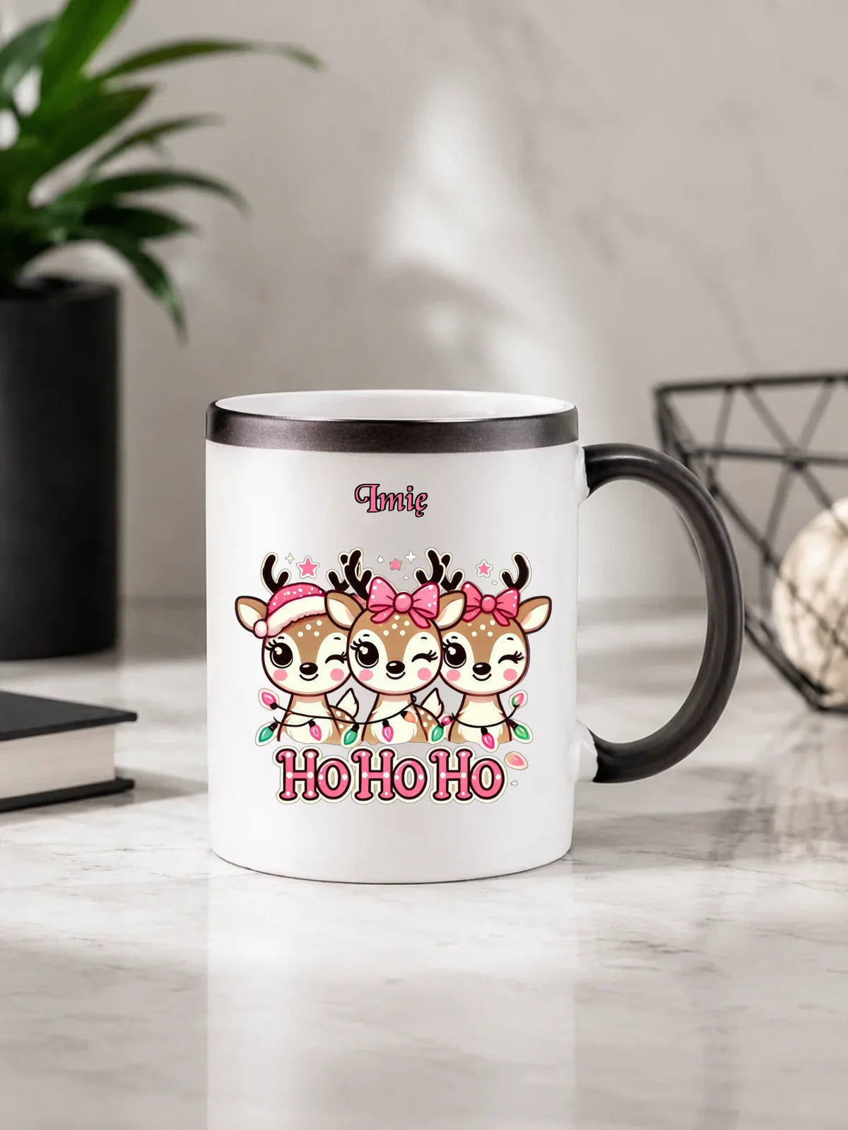 Kubek magiczny świąteczny - Ho ho ho Słodkie reniferki - personalizowany BN49