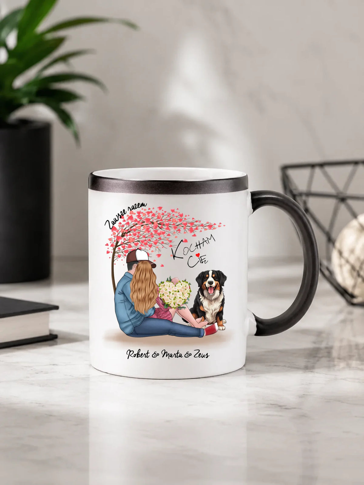 Kubek magiczny dla par + Berneńczyk - Zawsze razem - personalizowany W04A