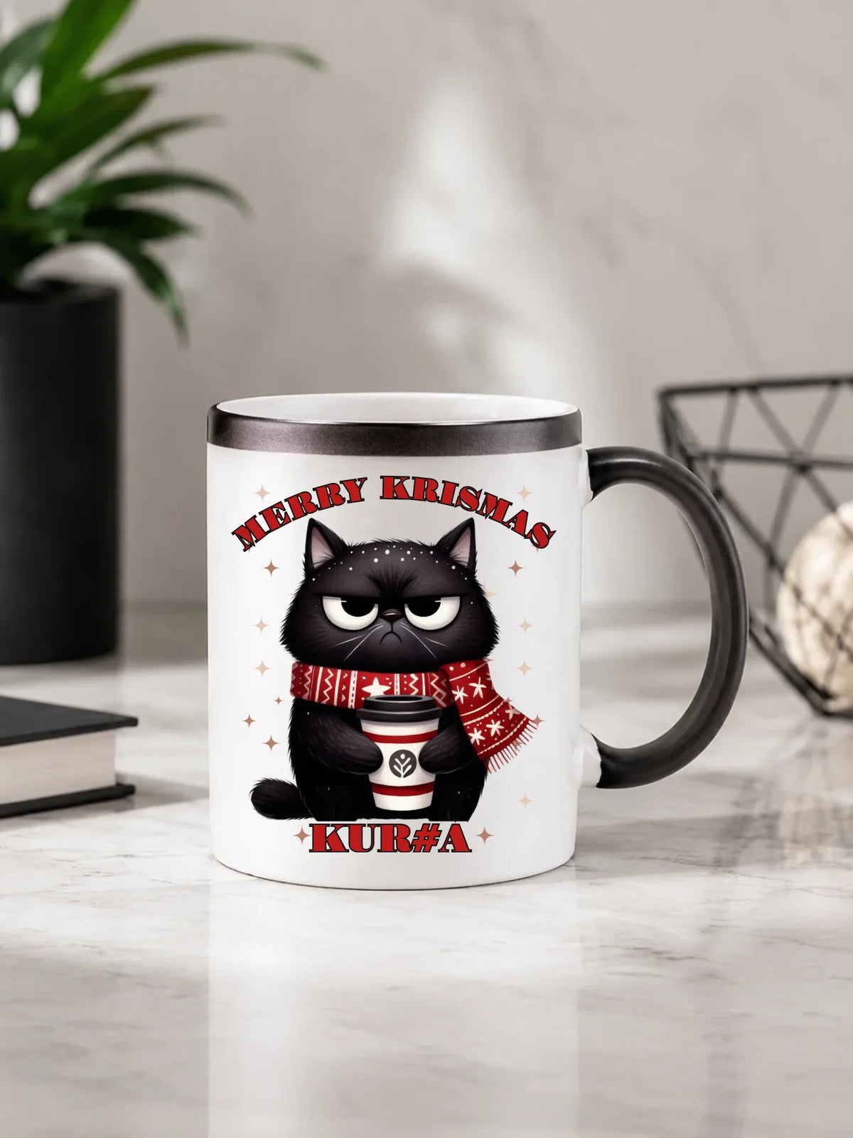 Kubek magiczny świąteczny - Zburczany kot Merry Krismas kur#a - bez cenzury BN34