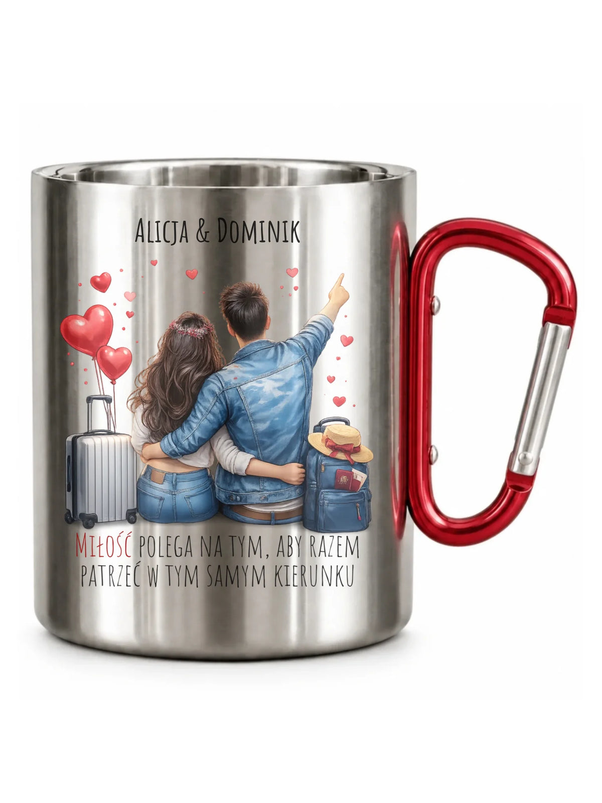 Kubek metalowy dla par - Para w podróży miłość - personalizowany W12