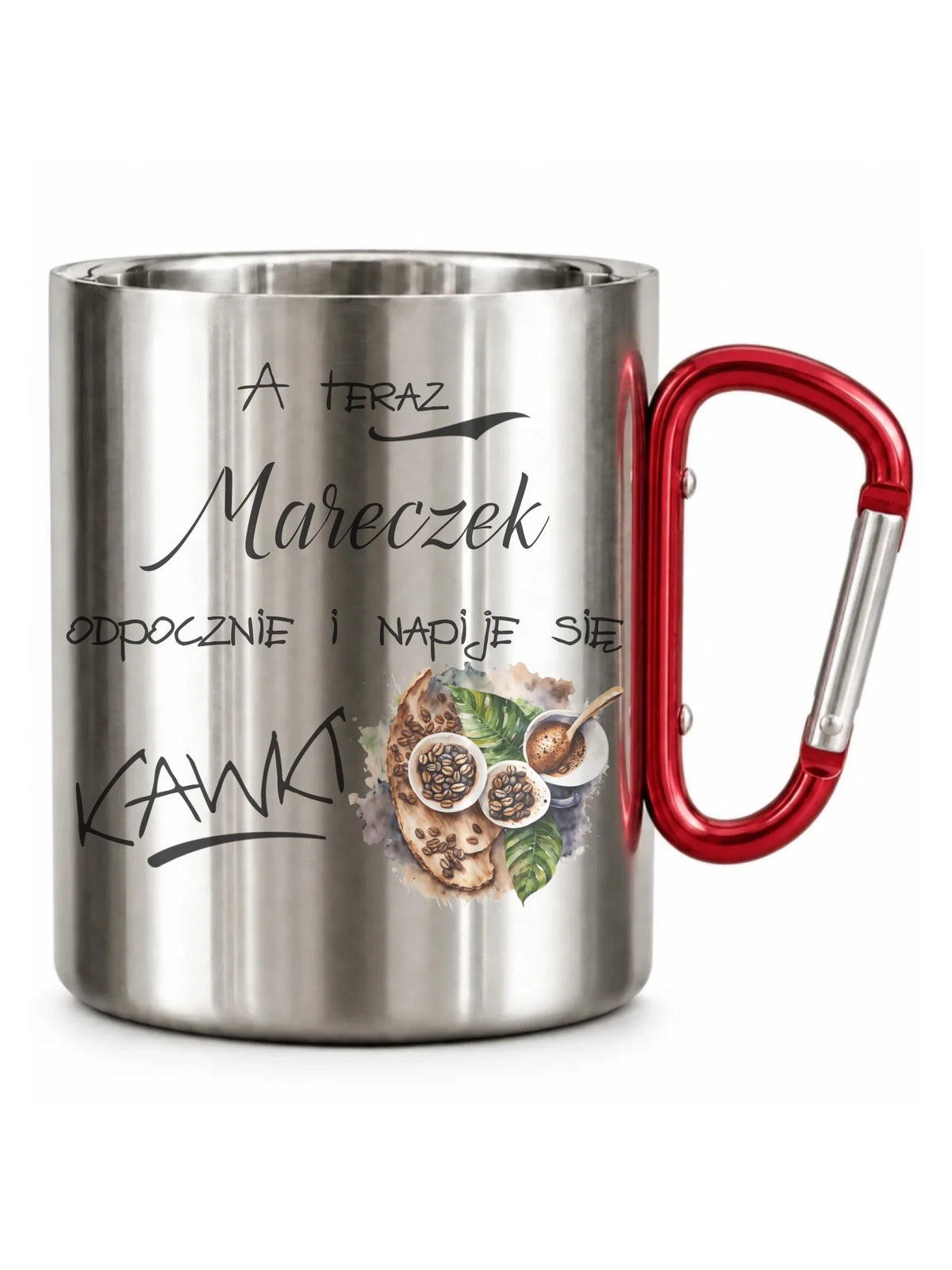 Kubek metalowy - Odpocznie i napije się kawki prezent dla kawosza - personalizowany DCH04