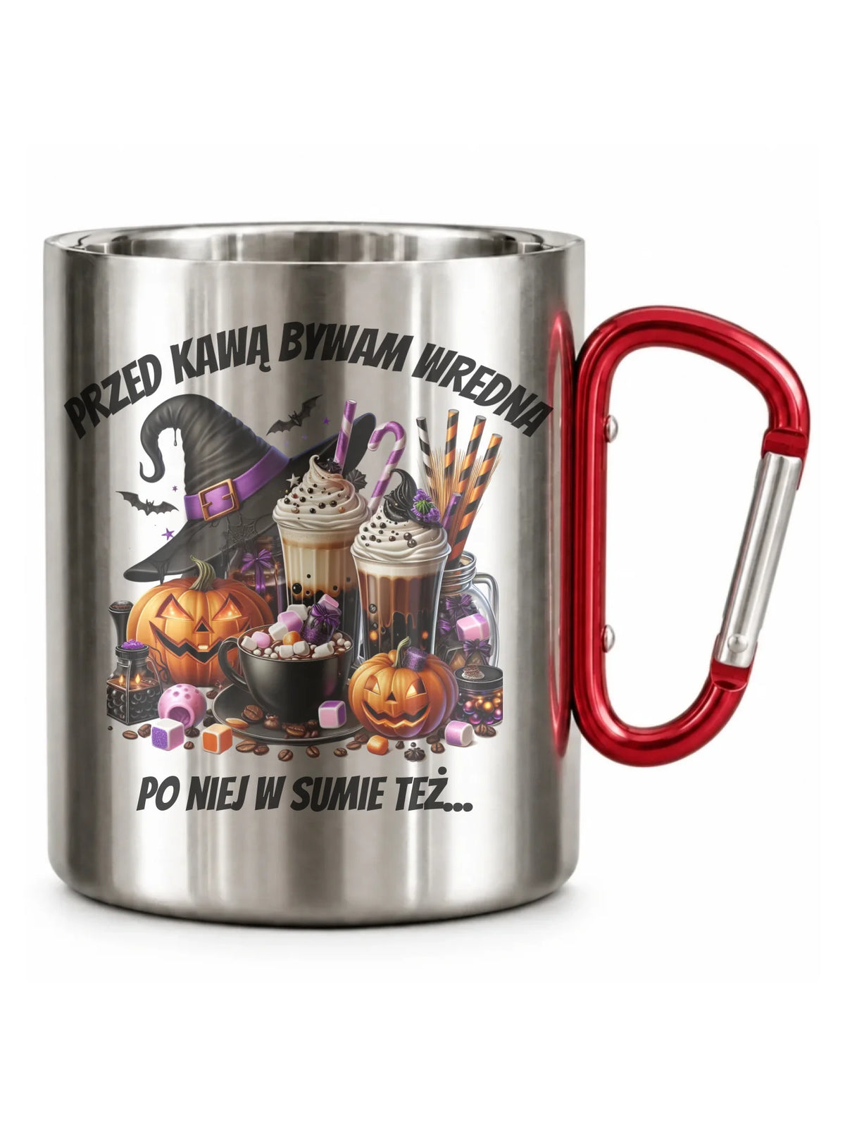 Kubek metalowy Halloween – Przed kawą bywam wredna, po niej w sumie też HL30