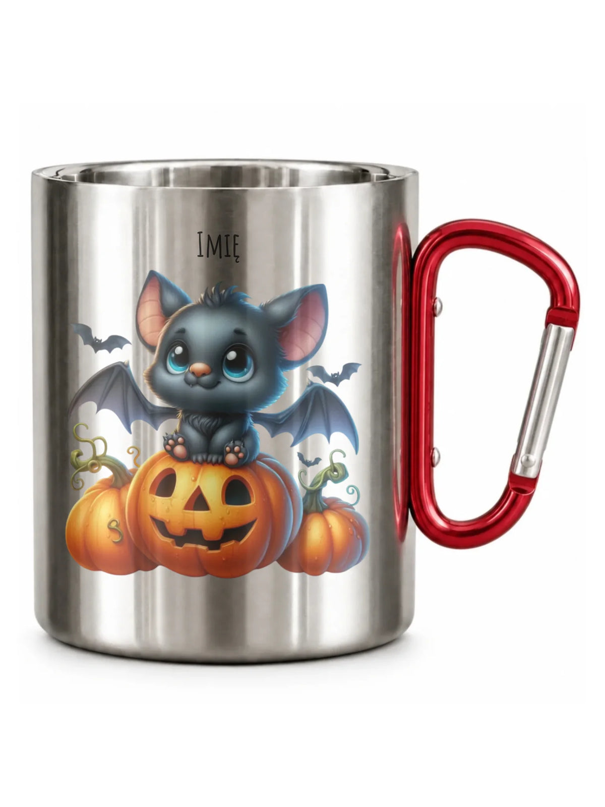Kubek metalowy halloweenowy - Słodki nietoperz z dynią - personalizowany HL09