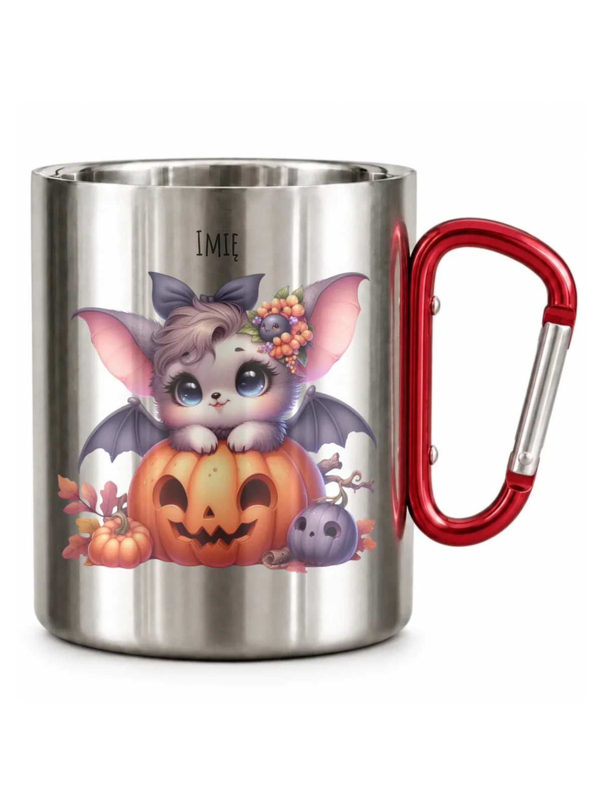 Kubek metalowy halloweenowy - Uroczy nietoperz z dynią - personalizowany HL08