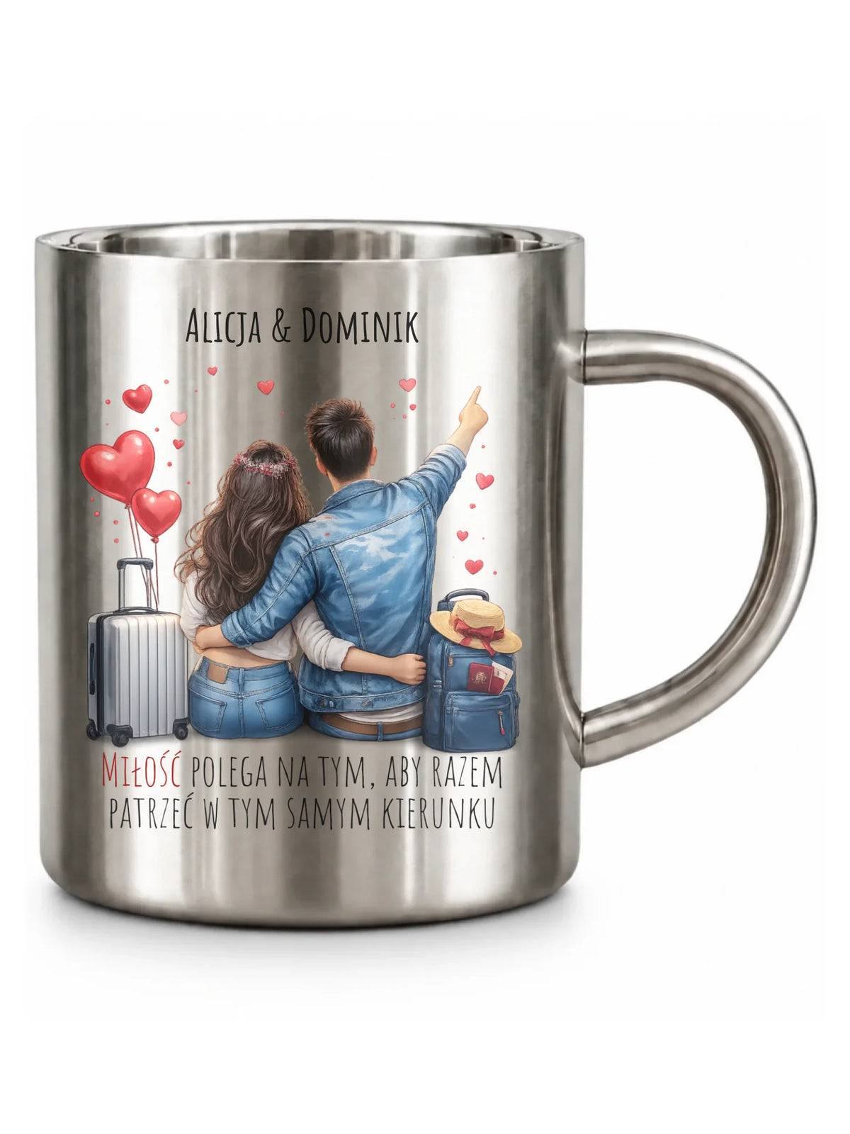 Kubek metalowy dla par - Para w podróży miłość - personalizowany W12