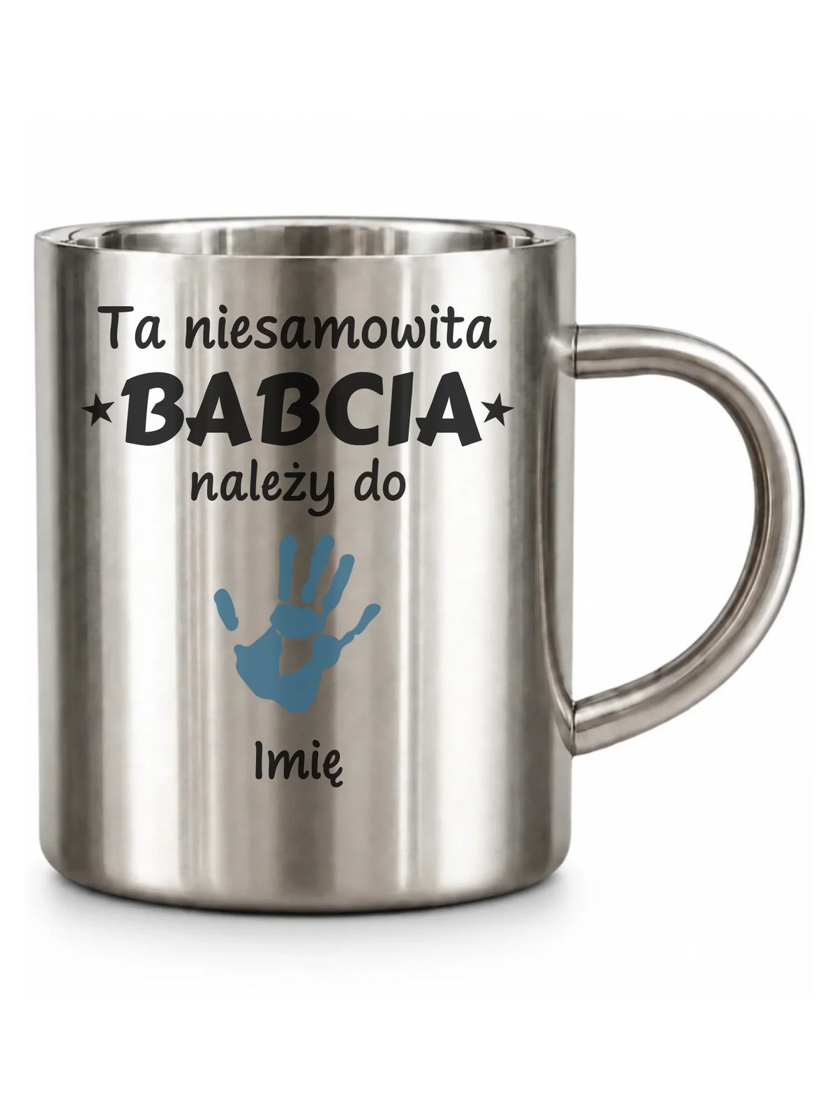 Kubek metalowy dla babci - Babcia należy do wnuków 1–6 imion – personalizowany B33
