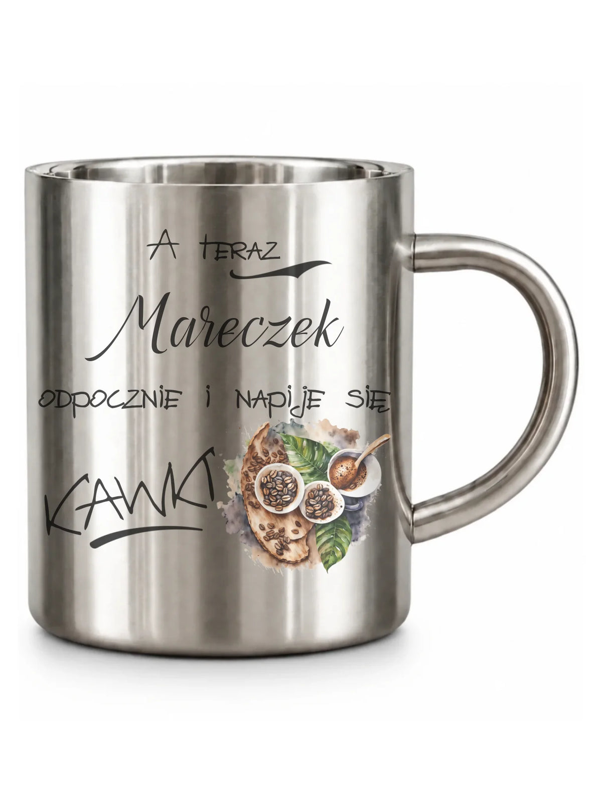 Kubek metalowy - Odpocznie i napije się kawki prezent dla kawosza - personalizowany DCH04