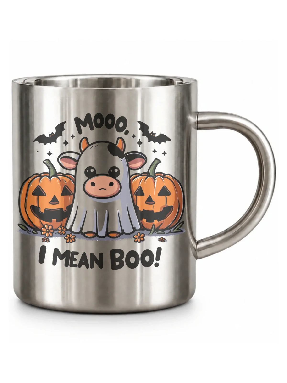 Kubek metalowy na Halloween - Mooo I mean Boo! - z dynią i duchem HL14