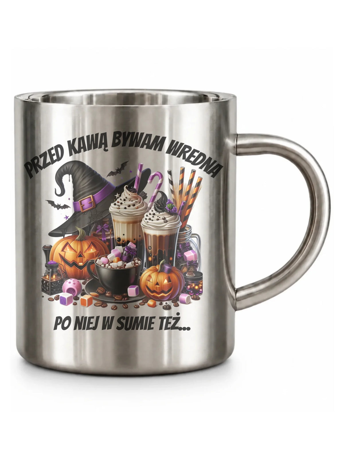 Kubek metalowy Halloween – Przed kawą bywam wredna, po niej w sumie też HL30