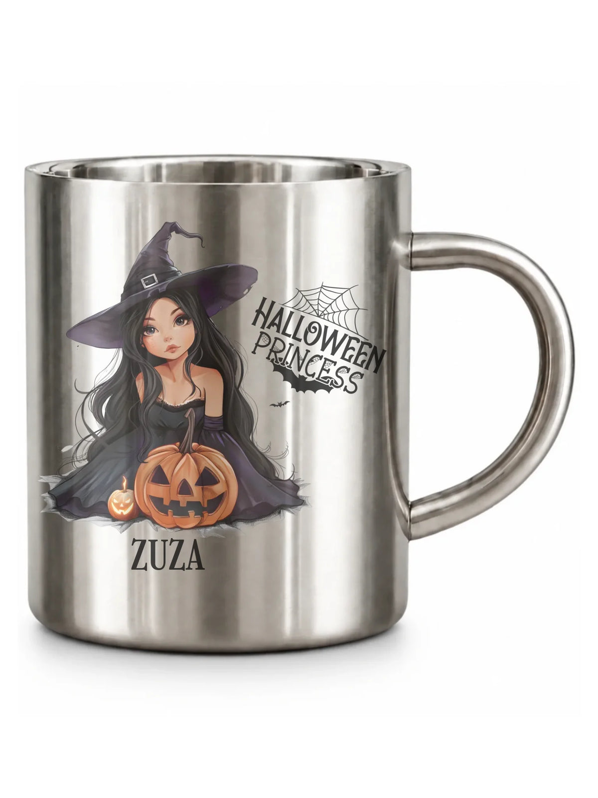 Kubek metalowy halloweenowy - Czarownica z dynią - personalizowany HL10