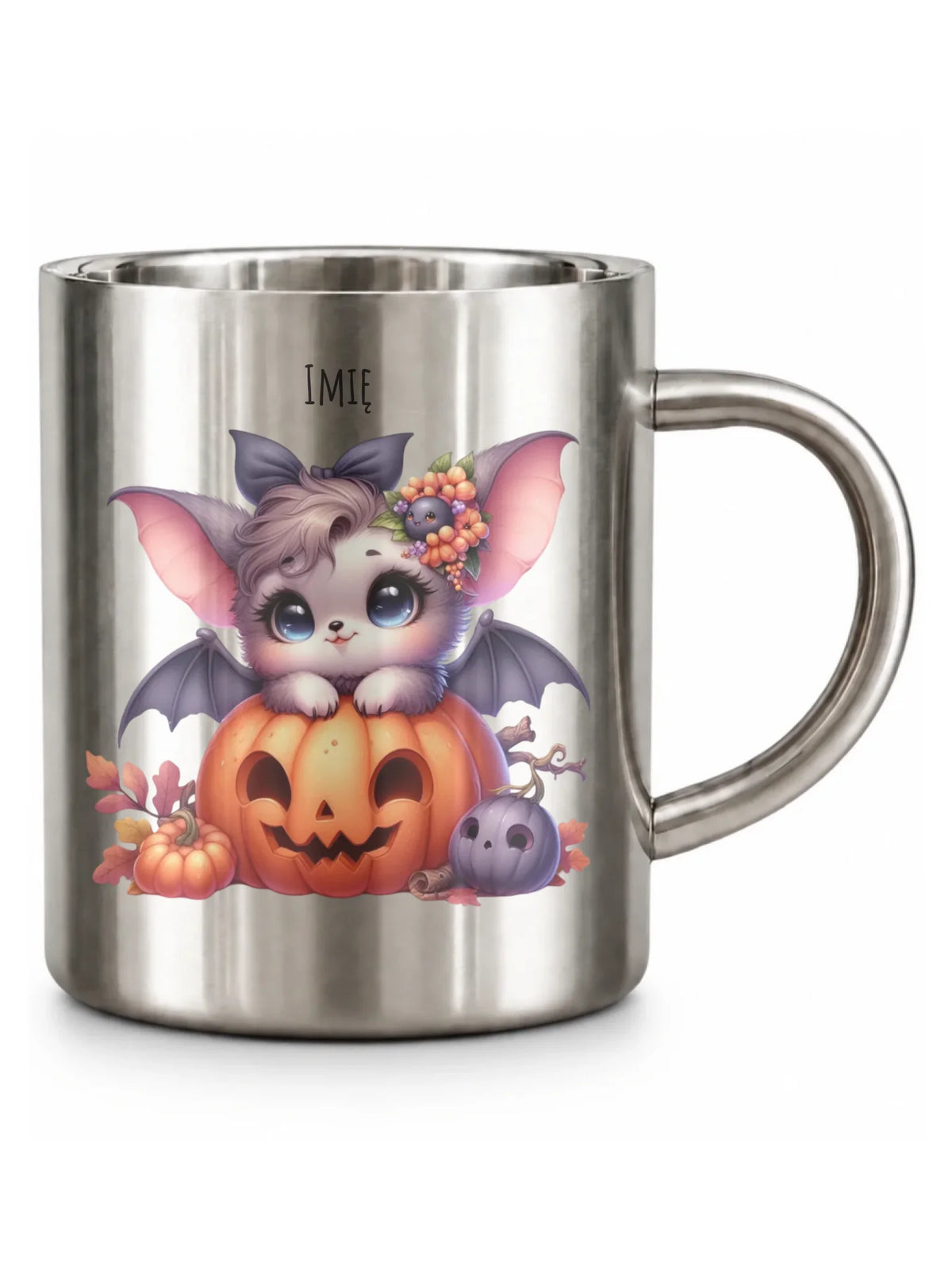 Kubek metalowy halloweenowy - Uroczy nietoperz z dynią - personalizowany HL08