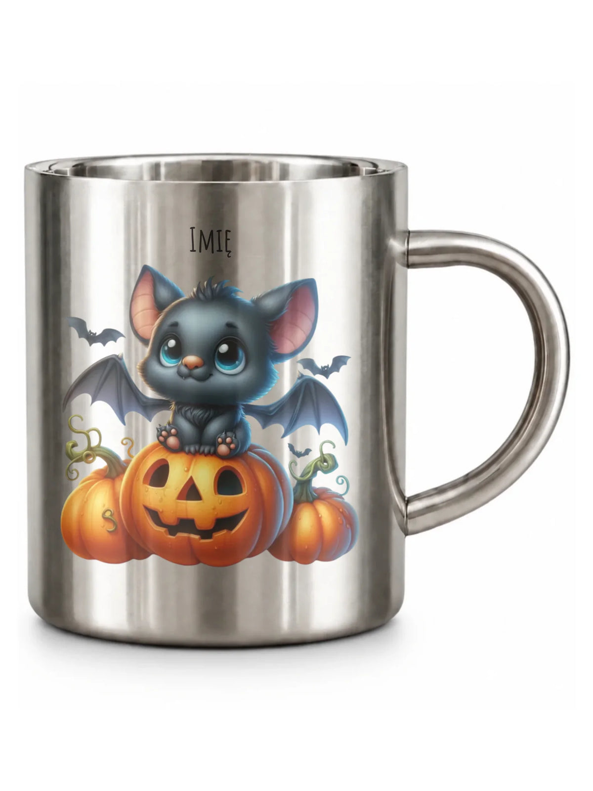 Kubek metalowy halloweenowy - Słodki nietoperz z dynią - personalizowany HL09