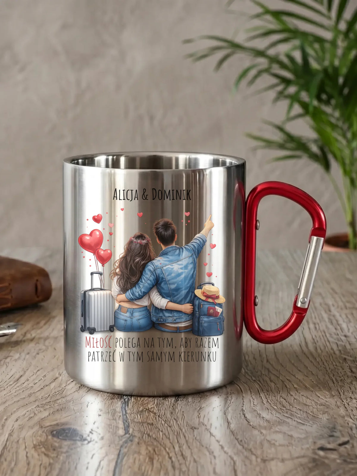 Kubek metalowy dla par - Para w podróży miłość - personalizowany W12