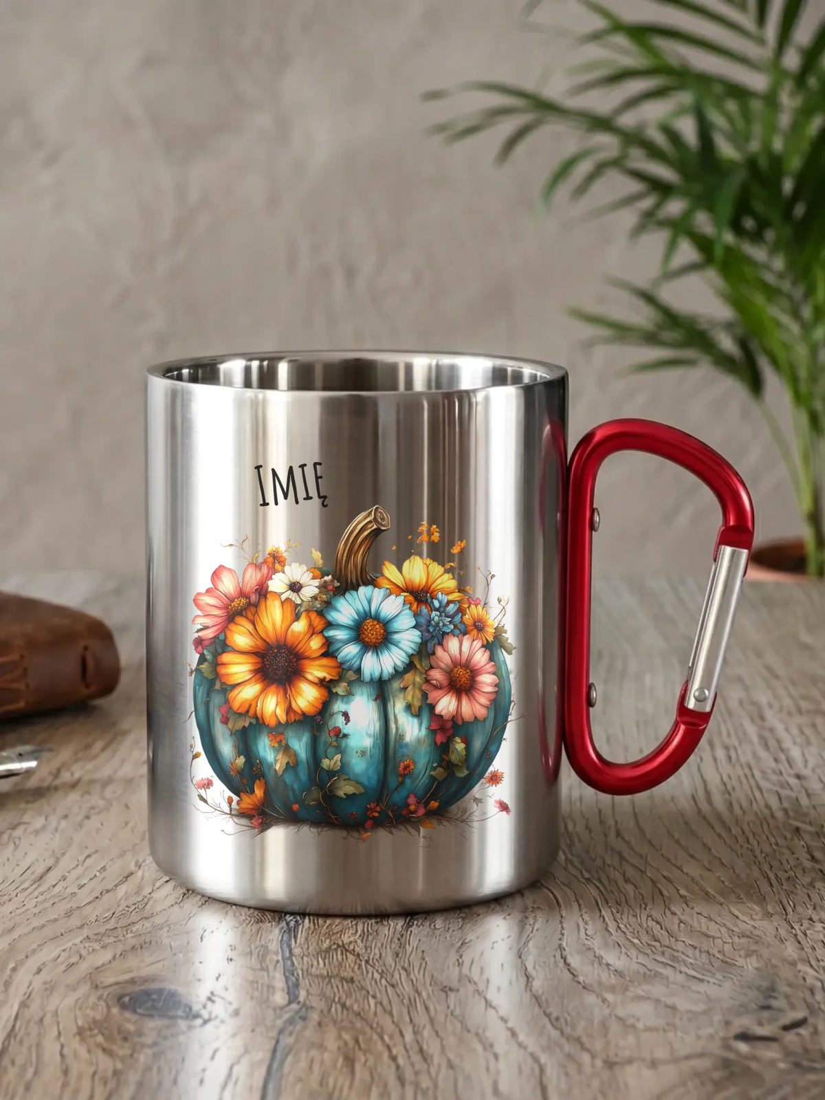 Kubek metalowy jesienny - Kwiatowa dynia - personalizowany JS27