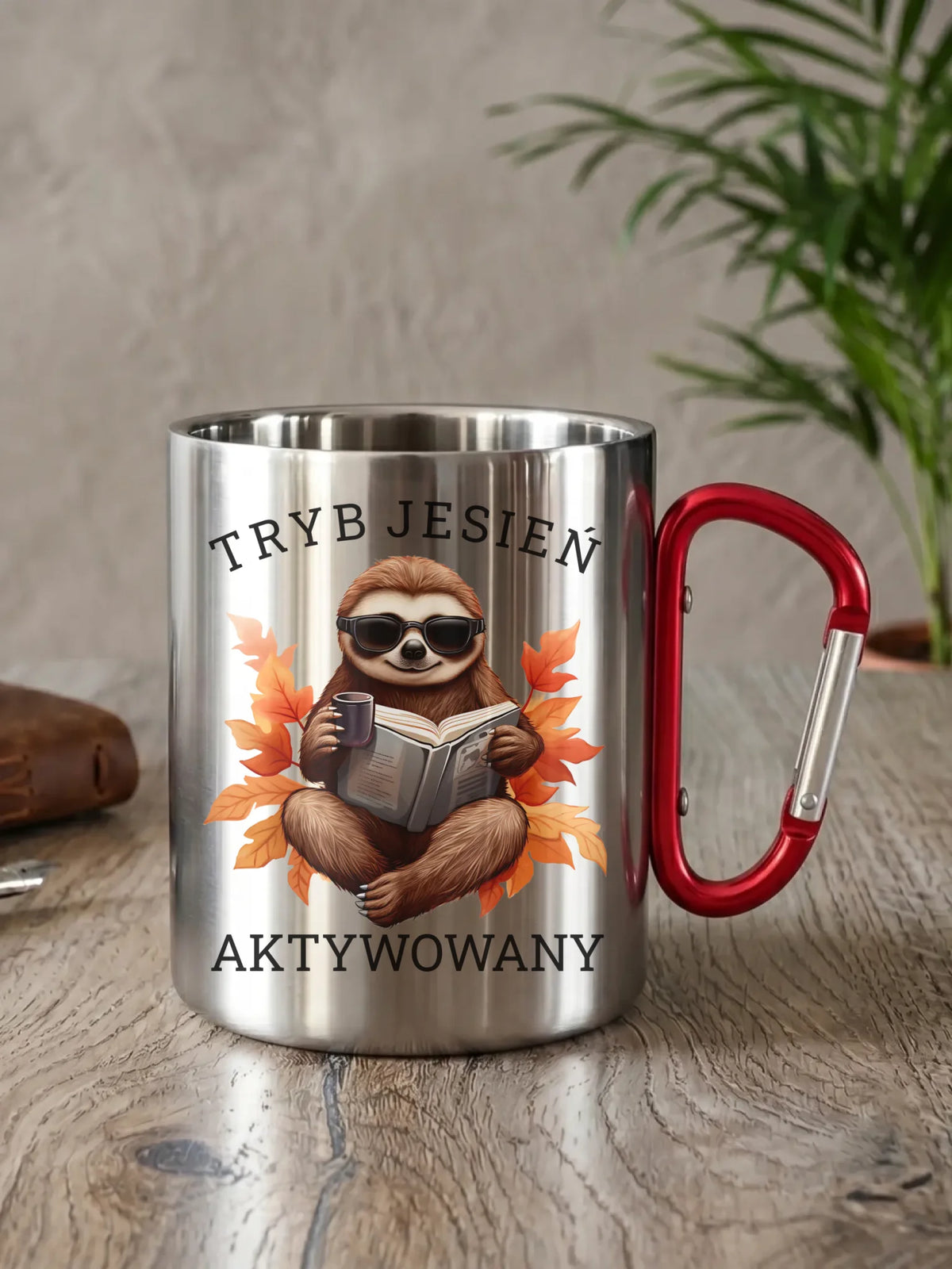 Kubek metalowy jesienny - Leniwiec - Tryb jesień aktywowany JS23