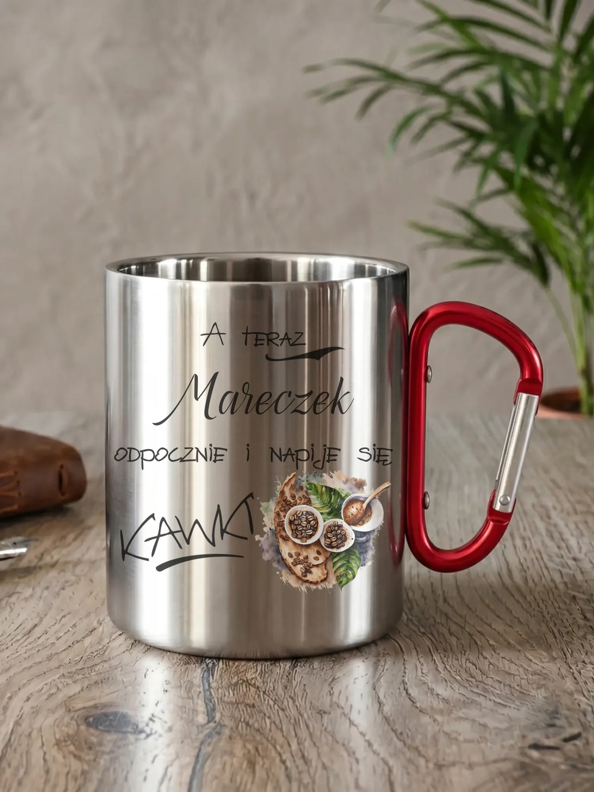 Kubek metalowy - Odpocznie i napije się kawki prezent dla kawosza - personalizowany DCH04