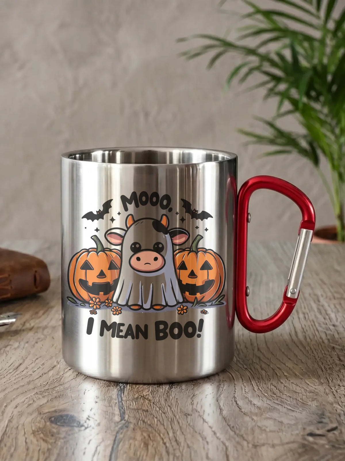 Kubek metalowy na Halloween - Mooo I mean Boo! - z dynią i duchem HL14