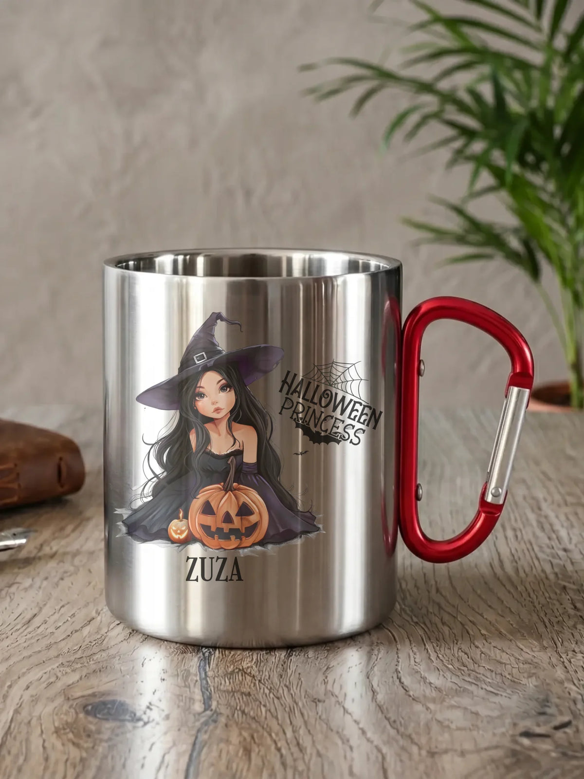 Kubek metalowy halloweenowy - Czarownica z dynią - personalizowany HL10